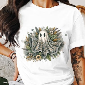 Floral Ghost T-Shirt, Halloween Tee, Spooky Season Apparel, Cute Ghost Shirt, Trendy T-Shirt, Gift Idea, Ghost with Flowers T-Shirt