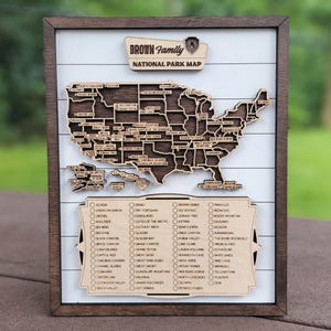 Mapa de Parques Nacionales de EE. UU., marcador de parques nacionales, señal de viaje, madera natural de 4 capas, mapa personalizado de seguimiento de parques nacionales.