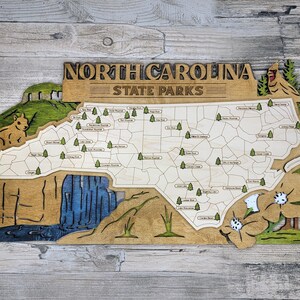North Carolina Custom State Park Travel Map Sign meerlaags bord natuurlijk hout, kaart staatsparken North Carolina, gepersonaliseerde trackerkaart