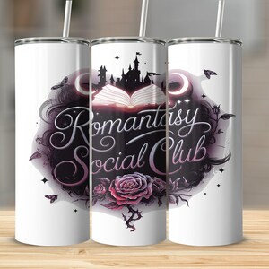 Romantic Fantasy Social Club 20oz Tumbler Wrap Cyfrowe pobieranie, Bookish Tumbler Design, Floral Skull Tumbler Wrap, Natychmiastowe pobieranie