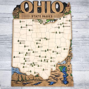 Ohio Custom State Park reiskaartbord, meerlaags natuurlijk houten bord, Ohio State Parks-reiskaart, gepersonaliseerde Ohio-trackerkaart