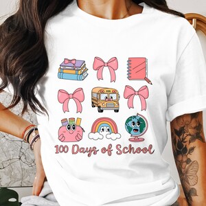100 Days of School T-Shirt, Cute School Bus, Bows and Books Design, Adorable Stationery Theme, Globe Illustration, Colorful Rainbow Graphic