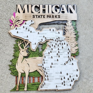 Aangepast bord met reiskaart staatspark Michigan, meerlaags bord van natuurlijk hout, reiskaart staatsparken Michigan, gepersonaliseerde trackerkaart