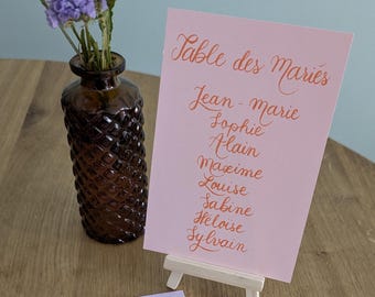 Personalized wedding seating chart – hand-calligraphed place cards – matching colorful wedding stationery