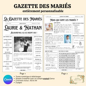 Peut inclure: Une annonce de mariage imprimable dans le style d'un journal. Le titre principal est "Gazette des Mariés" et présente une photo du couple. L'annonce comprend des détails sur le mariage, tels que la date, le lieu et les noms de la mariée et du marié. L'annonce comprend également un mot croisé et une recherche de mots.