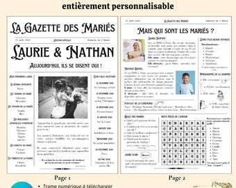 Gazette des mariés 2 pages personnalisable FRANCAIS - template Canva - cadeaux invités - journal mariage jeux - 2 formats inclus A3 et A4