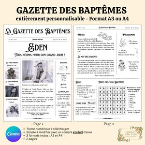 Peut inclure: Un modèle de PDF imprimable pour une annonce de baptême de bébé. Le modèle est conçu pour ressembler à un journal avec le titre "Gazette des Baptemes" et présente une photo de bébé, un programme de baptême et une grille de mots croisés. Le modèle est personnalisable et disponible en formats A3 et A4.