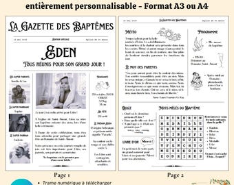 Baptism Gazette - 2 FRENCH pages - customizable Canva template - 2 A3 and A4 formats included - guest gift - baptism games newspaper