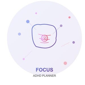Könnte beinhalten: Grafische Illustration mit einer zentralen, stilisierten Form, umrandet in Blau und mit roten und rosa Details versehen. Punkte und Linien umgeben sie. Das Wort „FOCUS“ steht in Blau, darunter „ADHD PLANNER“.