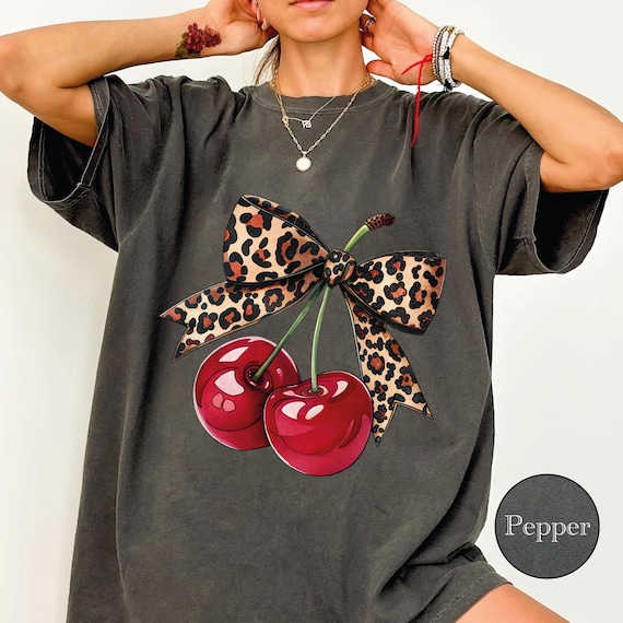 Comfort Colors Leopard Bow Cherry Shirt, Summer Shirt For Women, Leopard Bow Shirt, Cherry Shirt, Coquette Bow Shirt, MSS467