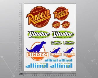 The Cars stickers set, Rust-Eze, Vitoline, Dinoco, Allinol decals, Car, Bike, Laptop Stickers, High Quality Laminated Waterproof