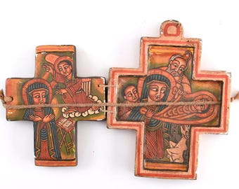 Díptico de madera pintado a mano de la Iglesia Ortodoxa Etíope, cruz copta, icono devocional.