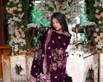 Chal de terciopelo bordado morado, chal de novia, chal de boda