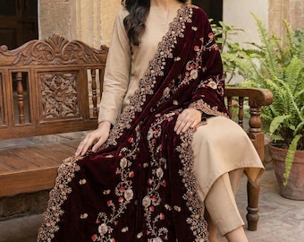 Maroon Embroidered Velvet Shawl Bridal Shawl Wedding Shawl