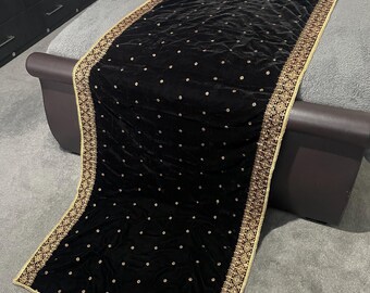 Black Velvet Bridal Shawl with Gold Embroidery | Velvet Dupatta