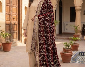 Red Embroidered Velvet Shawl Bridal Shawl Wedding Shawl