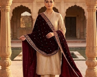 Maroon Velvet Bridal Shawl with Gold Embroidery | Velvet Dupatta