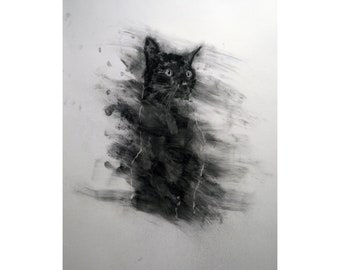 Cat original Drawing charcoal painting illustration one of a kind handmade large art inch 40x28, not a print