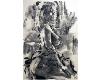 Painting, original, charcoal, Drawing, origial painting  Nude Erotic Art one of a kind Woman Fashion Large art inch 40x28 not a print