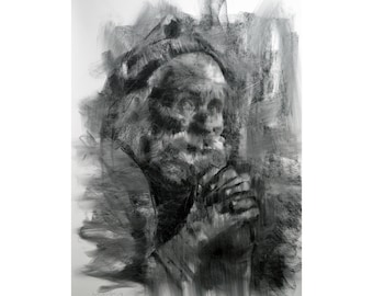 old man praying ORIGINAL  painting charcoal, illustration, face, fine art, handmade, large art inch 40x28, not a print