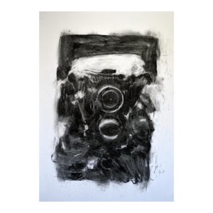 May include: A black and white charcoal drawing of a vintage camera. The camera is drawn in a realistic style with details of the lens and body.
