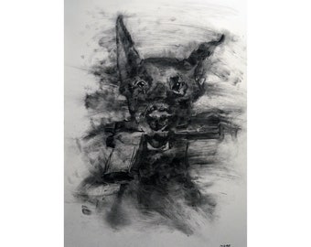 Dog with  gun original Drawing charcoal painting  illustration one of a kind handmade large art inch 40x28, not a print