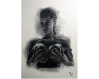 drawing charcoal ORIGINAL painting wall art figurative erotic woman large painting