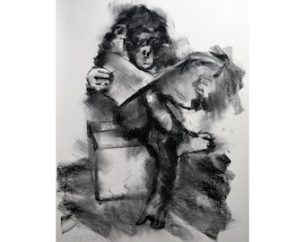 Monkey original Drawing charcoal painting illustration one of a kind handmade large art inch 40x28, not a print