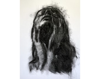 Original charcoal drawing wall art painting fashion face woman  one of a kind handmade large art inch 40x28, not a print