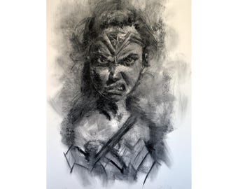 Dibujo original de superhéroe, pintura al carbón, ilustración, pieza única, arte grande hecho a mano, pulgadas 40x28, no es una impresión