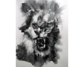 lion original Drawing charcoal painting illustration one of a kind handmade large art inch 40x28, not a print