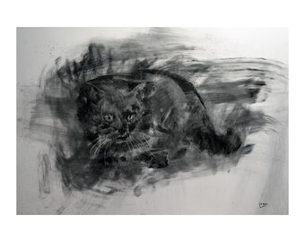 Cat original Drawing charcoal painting illustration one of a kind handmade large art inch 40x28, not a print