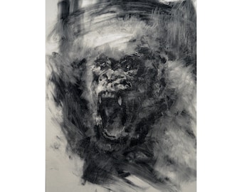 gorilla original Drawing charcoal painting illustration one of a kind handmade large art inch 40x28, not a print