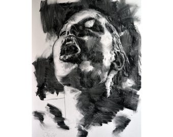 ORIGINAL painting, Drawing, illustration, face, charcoal, one of a kind handmade, woman, fashion, large art inch 40x28, not a print