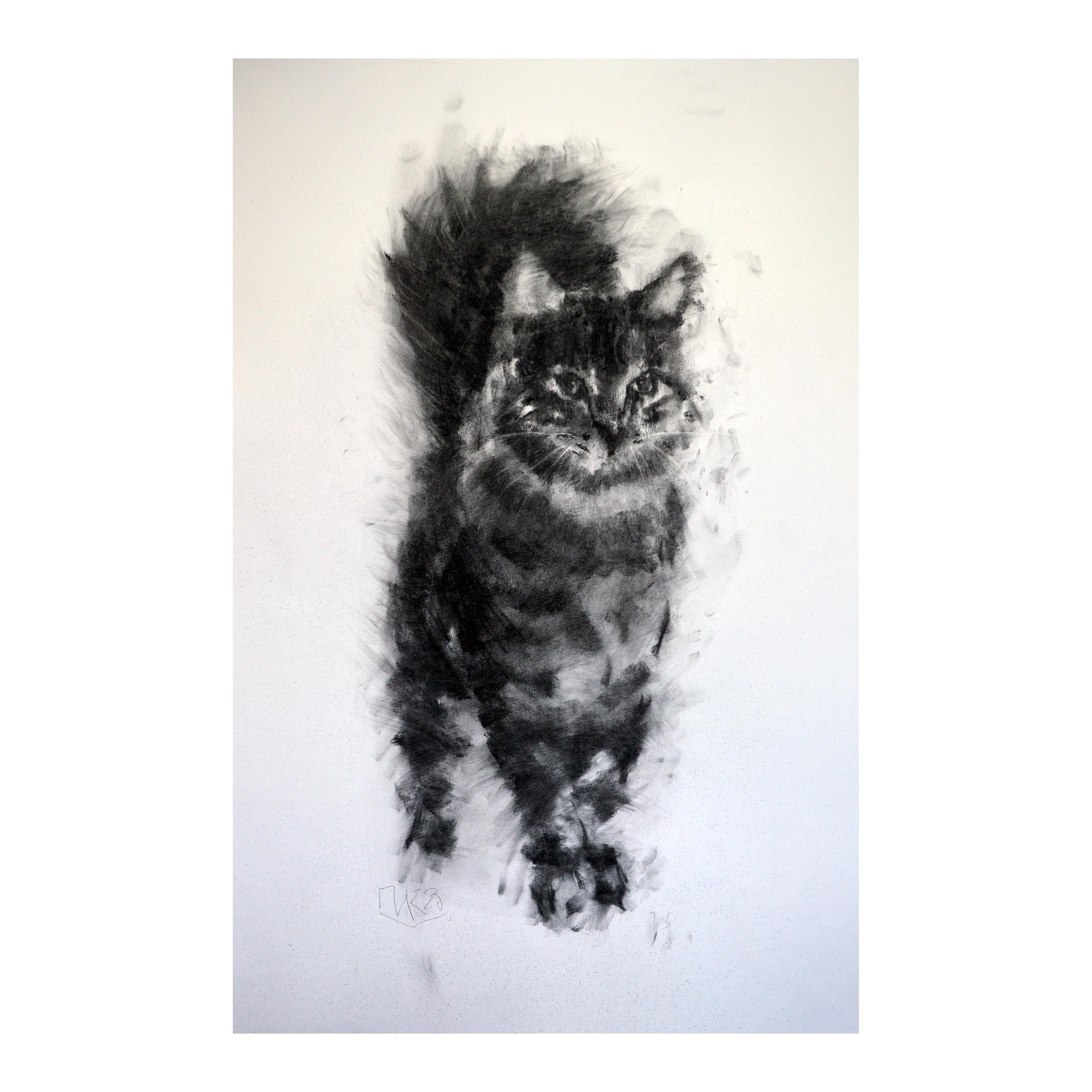 猫のオリジナル 木炭画イラスト ユニークな手作りの大きなアート 40x28
