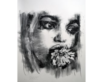 Original charcoal drawing wall art painting fashion face woman  one of a kind handmade large art inch 40x28, not a print