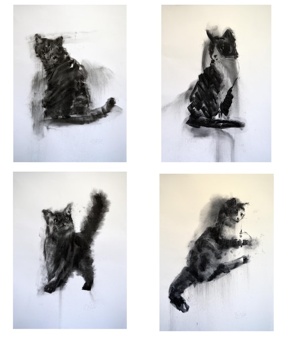 4匹の猫の原画 木炭画イラスト 20x14x4枚 - Etsy 日本