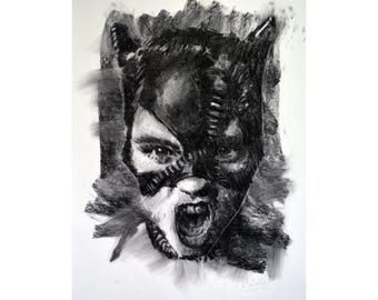 cat woman ORIGINAL charcoal painting, Drawing, illustration,portrait handmade, woman, large art inch 40x28, not a print