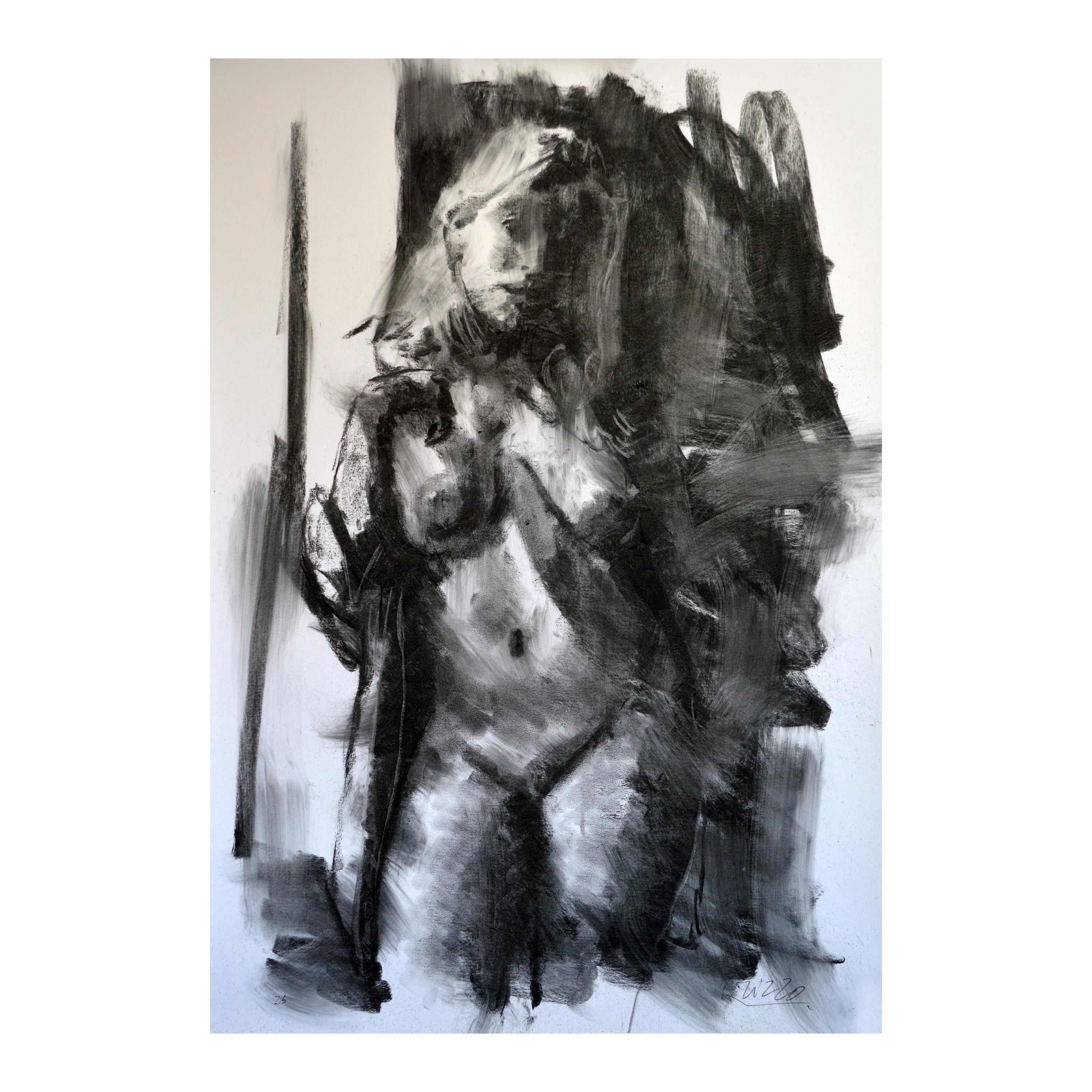ORIGINAL painting charcoal OOAK, , Drawing, illustration, handmade, woman, fashion, large art inch 40x28, not a print