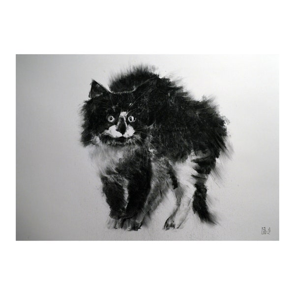 Cat original Drawing charcoal painting illustration one of a kind handmade large art inch 40x28, not a print