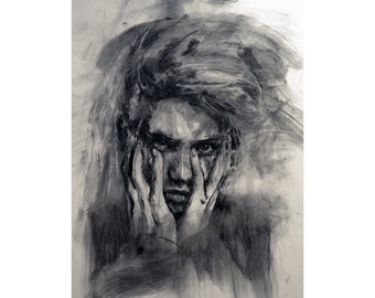 Original charcoal drawing wall art painting fashion face woman  one of a kind handmade large art inch 40x28, not a print