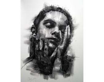 Original charcoal drawing wall art painting fashion face woman  one of a kind handmade large art inch 40x28, not a print