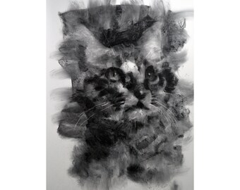 Cat original Drawing charcoal painting illustration one of a kind handmade large art inch 40x28, not a print