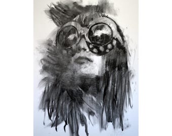 ORIGINAL painting, Drawing, illustration, face, charcoal, one of a kind handmade, woman, fashion, large art  not a print