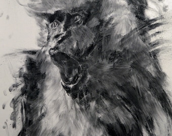 猿のオリジナル 木炭画イラスト ユニークな手作りの大きなアート 40x28