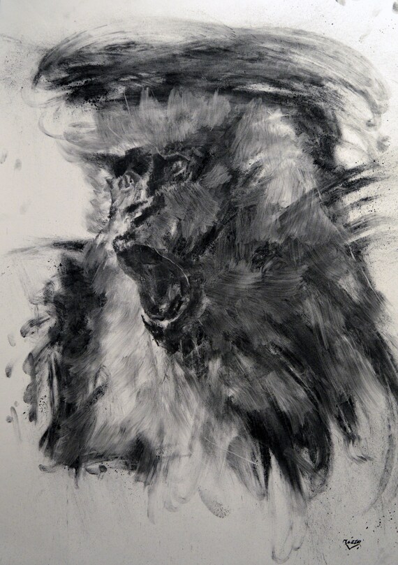 猿のオリジナル 木炭画イラスト ユニークな手作りの大きなアート 40x28