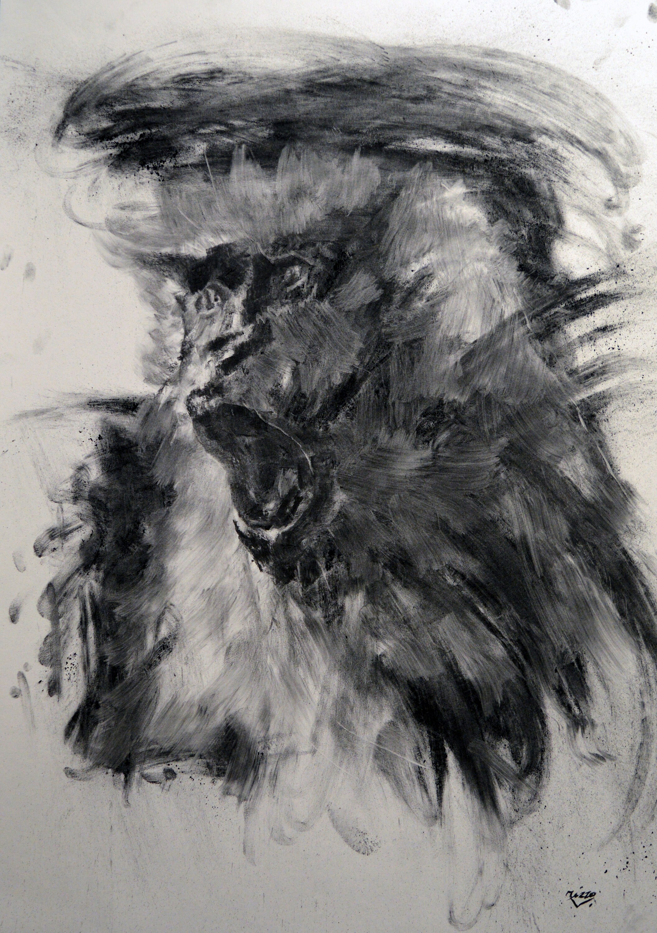 猿のオリジナル 木炭画イラスト ユニークな手作りの大きなアート 40x28