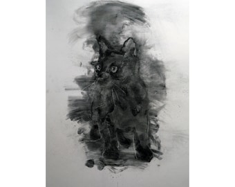 Cat original Drawing charcoal painting illustration one of a kind handmade large art inch 40x28, not a print