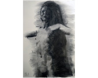 original drawing charcoal painting wall art figurative erotic woman large painting