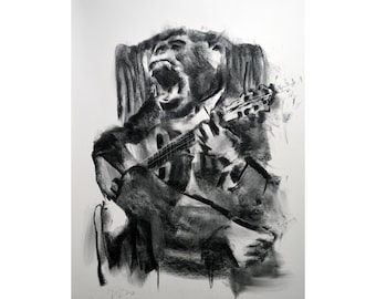 Monkey original Drawing charcoal painting illustration one of a kind handmade large art inch 40x28, not a print